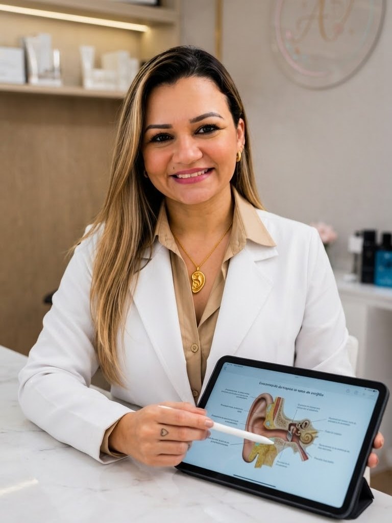 Alyne Zanini em seu consultório, explicando a anatomia da orelha em um tablet
